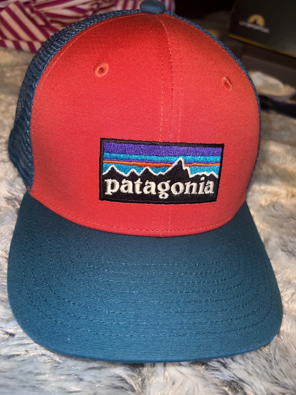 Patagonia Red and Teal Mesh Logo KIDS Hat NWT